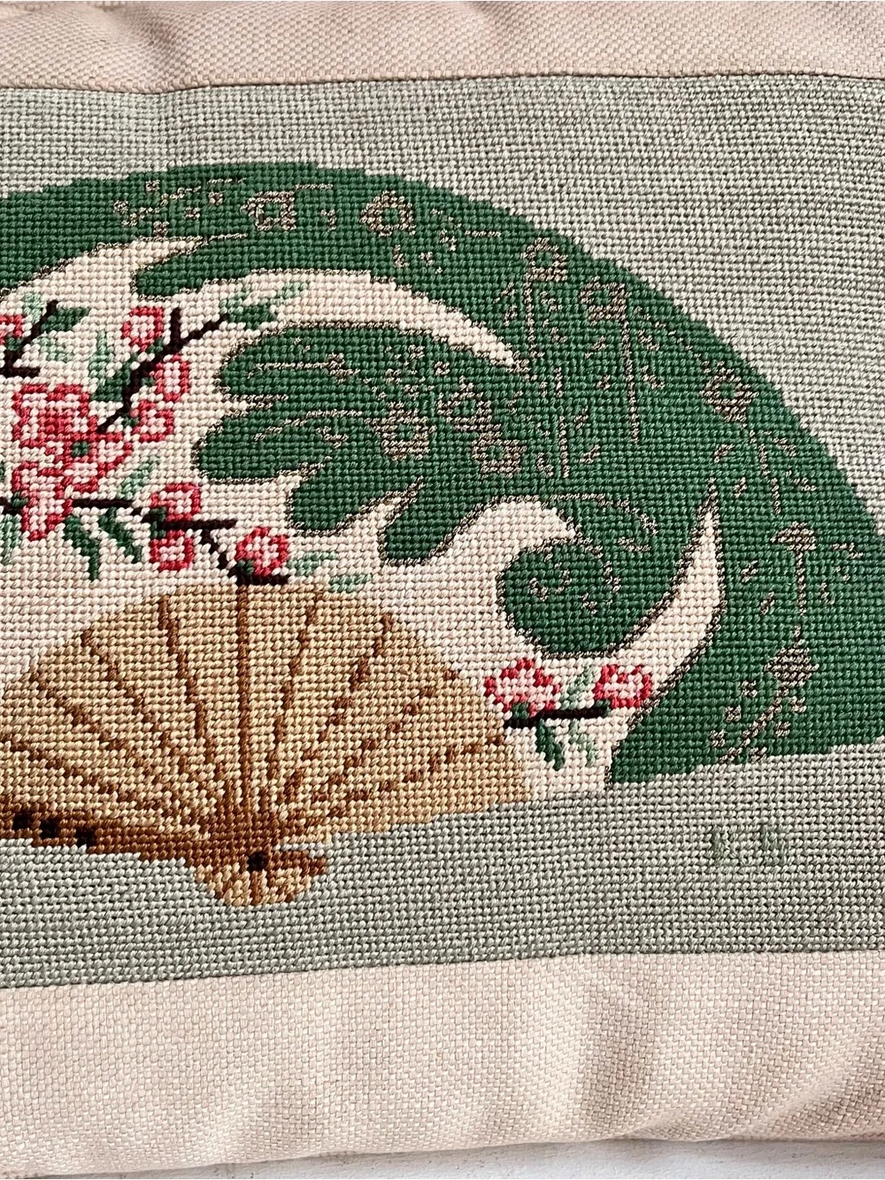 Vintage needlepoint pillow Japanese fan cherry blossom motif